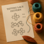 태팅레이스 도안과 셔틀, 실이 함께 놓인 작업 테이블