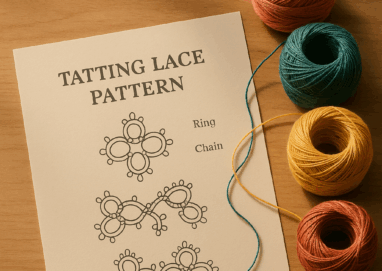 태팅레이스 도안과 셔틀, 실이 함께 놓인 작업 테이블