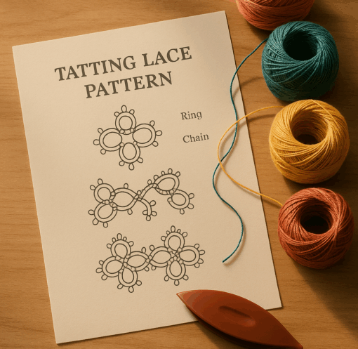 태팅레이스 도안과 셔틀, 실이 함께 놓인 작업 테이블